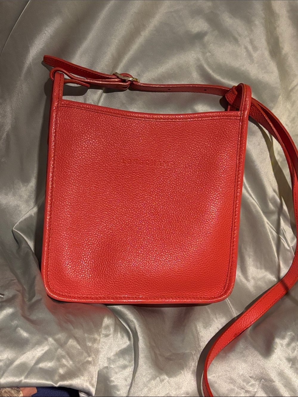 Longchamp Red Pebbled Crossbody Bag with Adjustable Strap